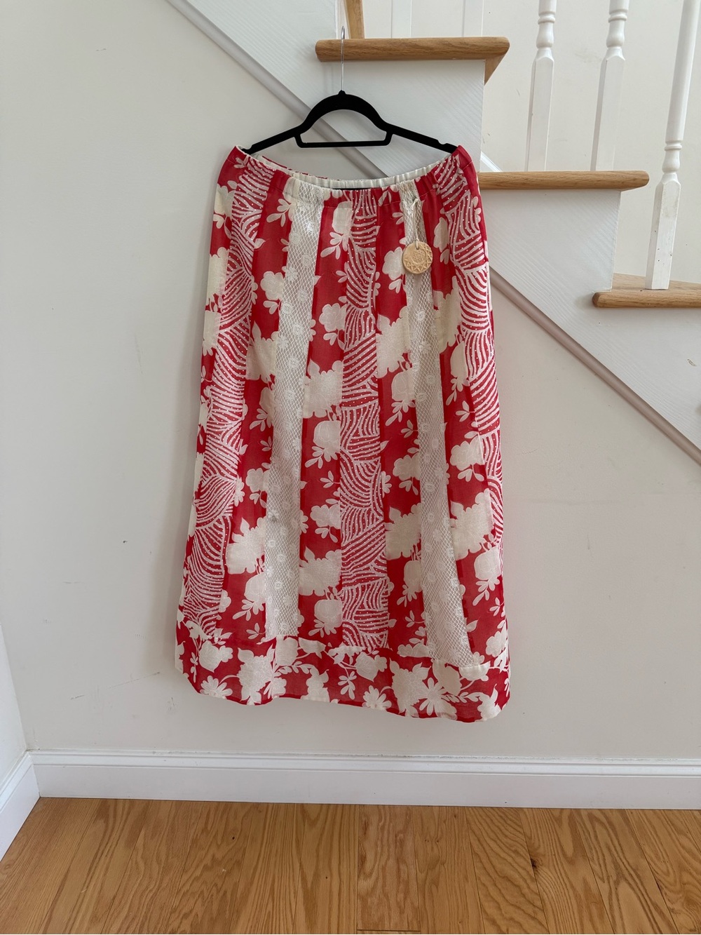 Chess Davis Vintage Red & Cream Floral Maxi Skirt with Elastic Waist